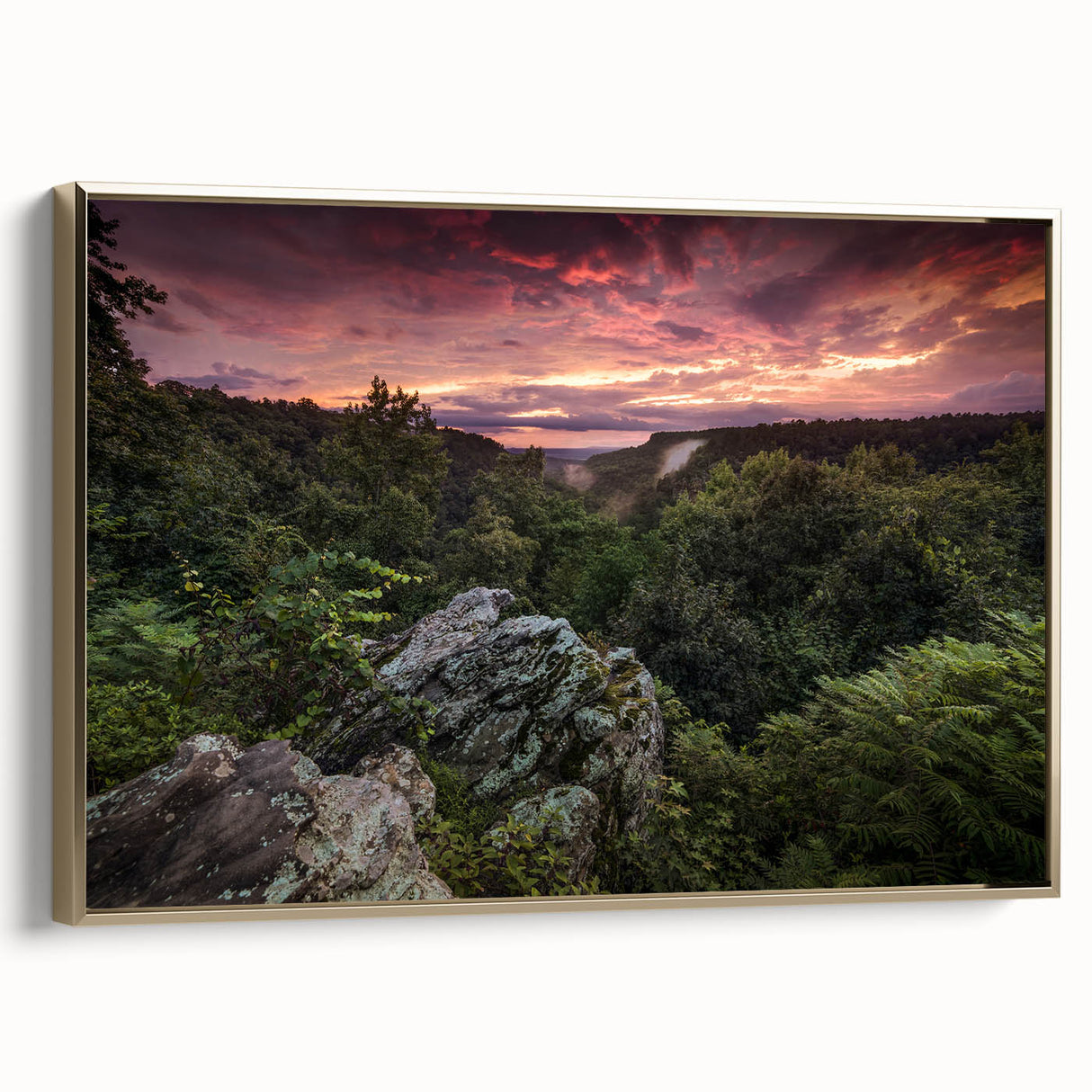 Framed canvas depicting a vintage-style Arkansas landscape in muted gold and black, ideal for bedroom wall art.