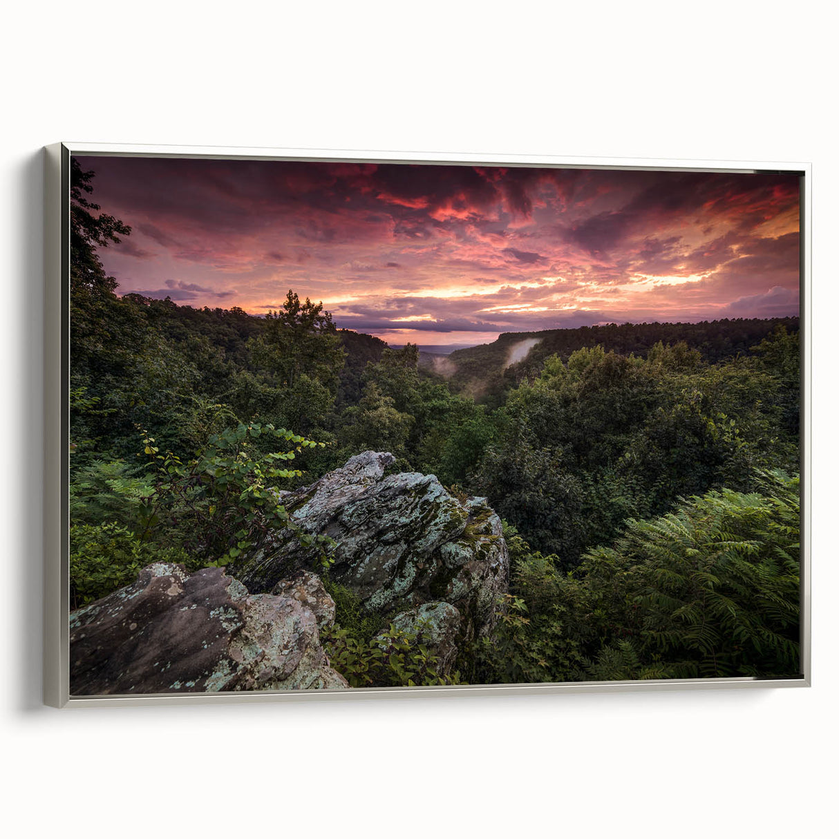 Framed canvas of a vintage-style Arkansas landscape painting with colorful foliage and black accents.