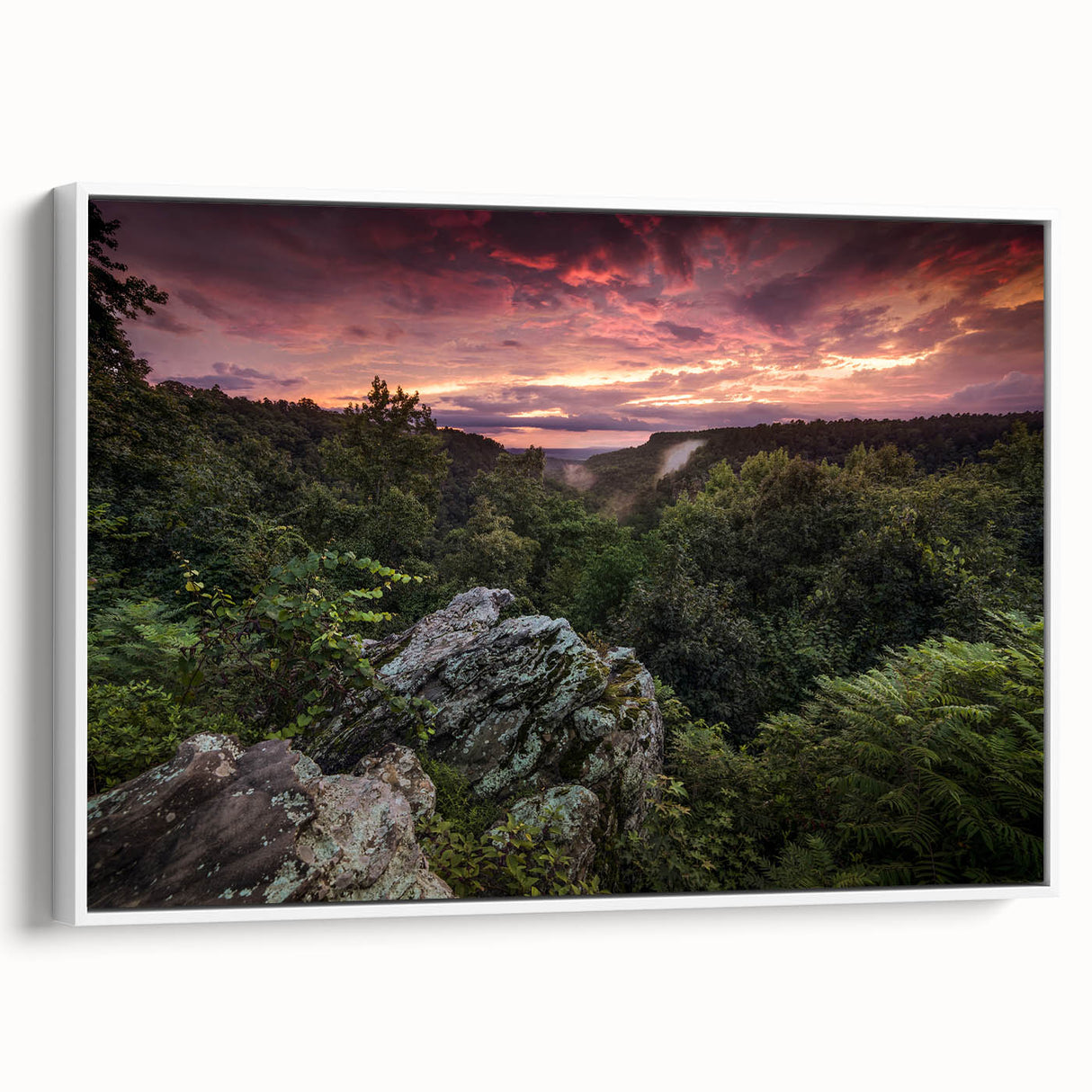 Vintage poster art of Arkansas scenery on extra large framed canvas, featuring colorful art on a black background.