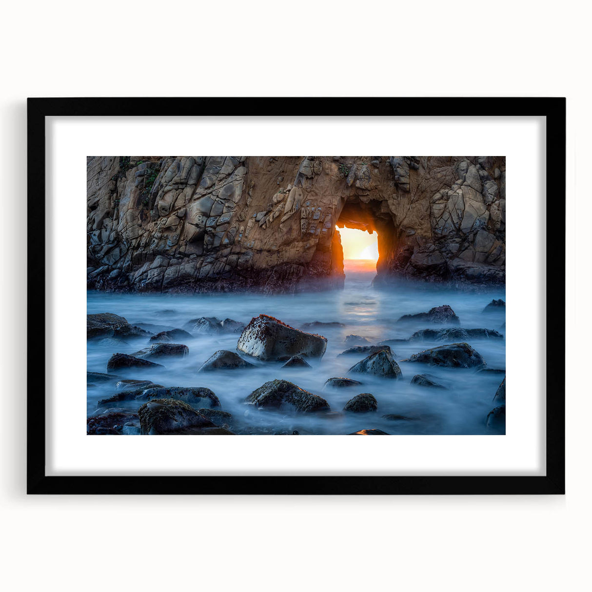 Extra large abstract art print of California's Big Sur in vibrant colors on a black framed canvas.