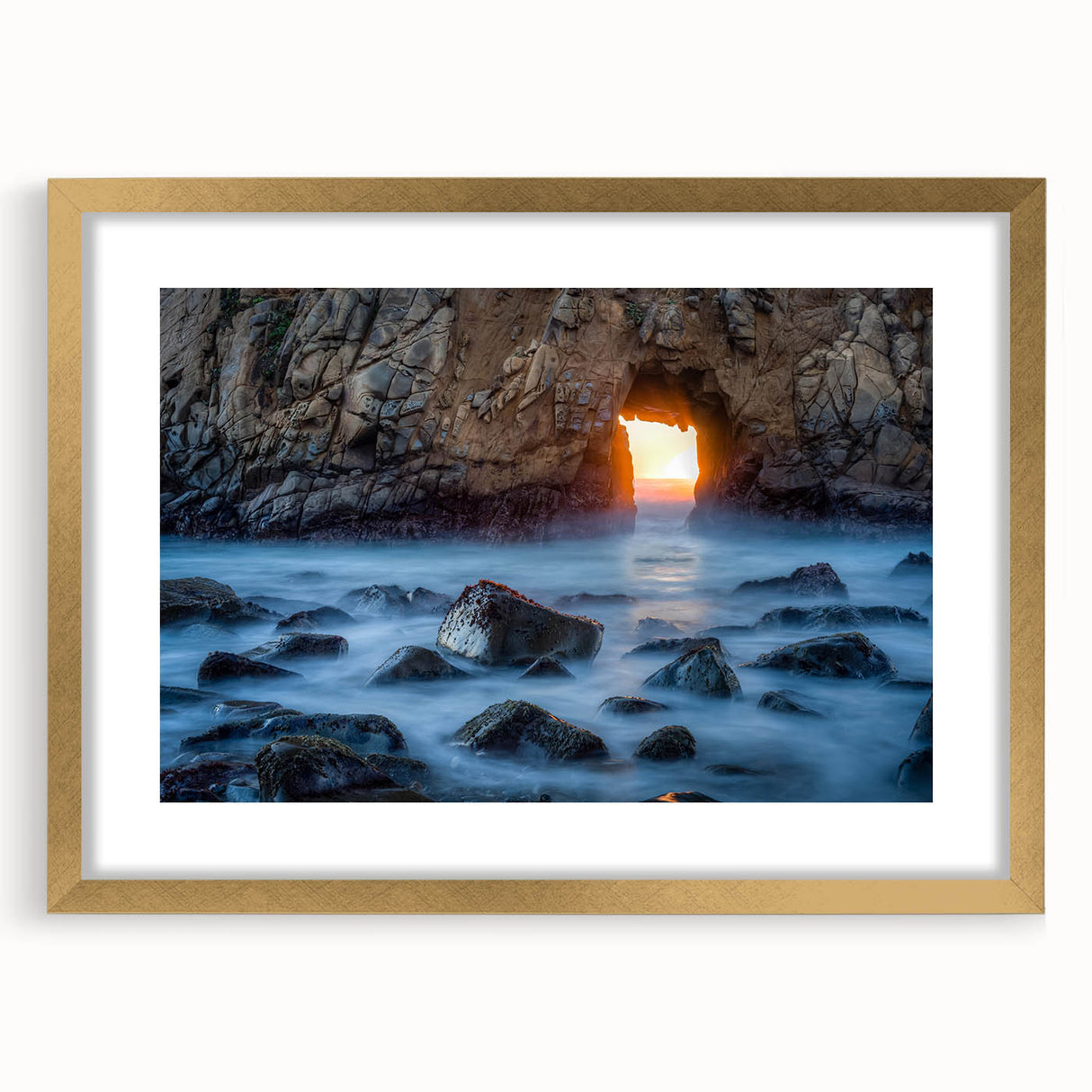Extra large abstract art print of California's Big Sur in textured tones of blue and green, framed with a gold mat.