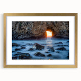 Extra large abstract art print of California's Big Sur in textured tones of blue and green, framed with a gold mat.