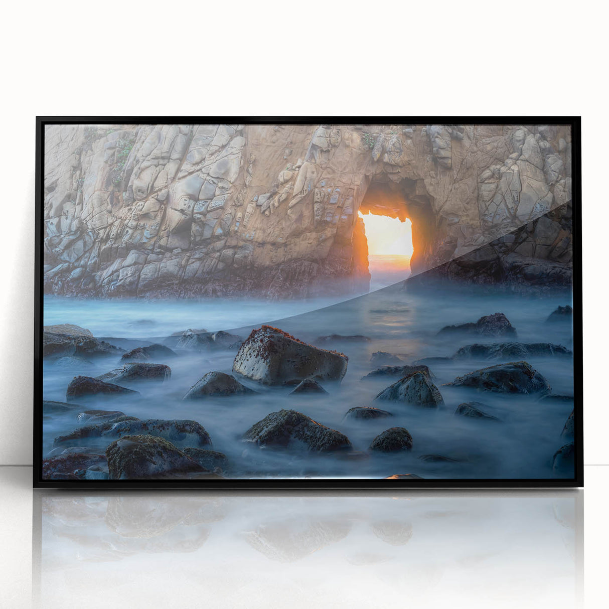Large abstract wall art depicting Big Sur in muted earth tones on a black-framed acrylic print.