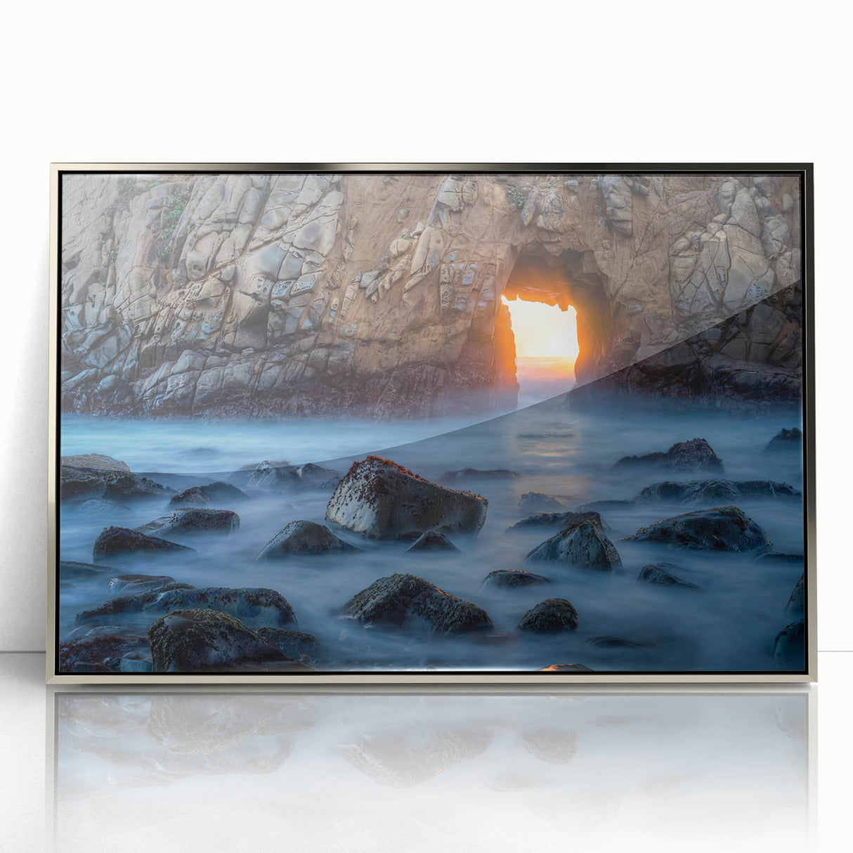 Mid-century modernist art of Big Sur, California in muted earth tones on a silver-framed acrylic print.