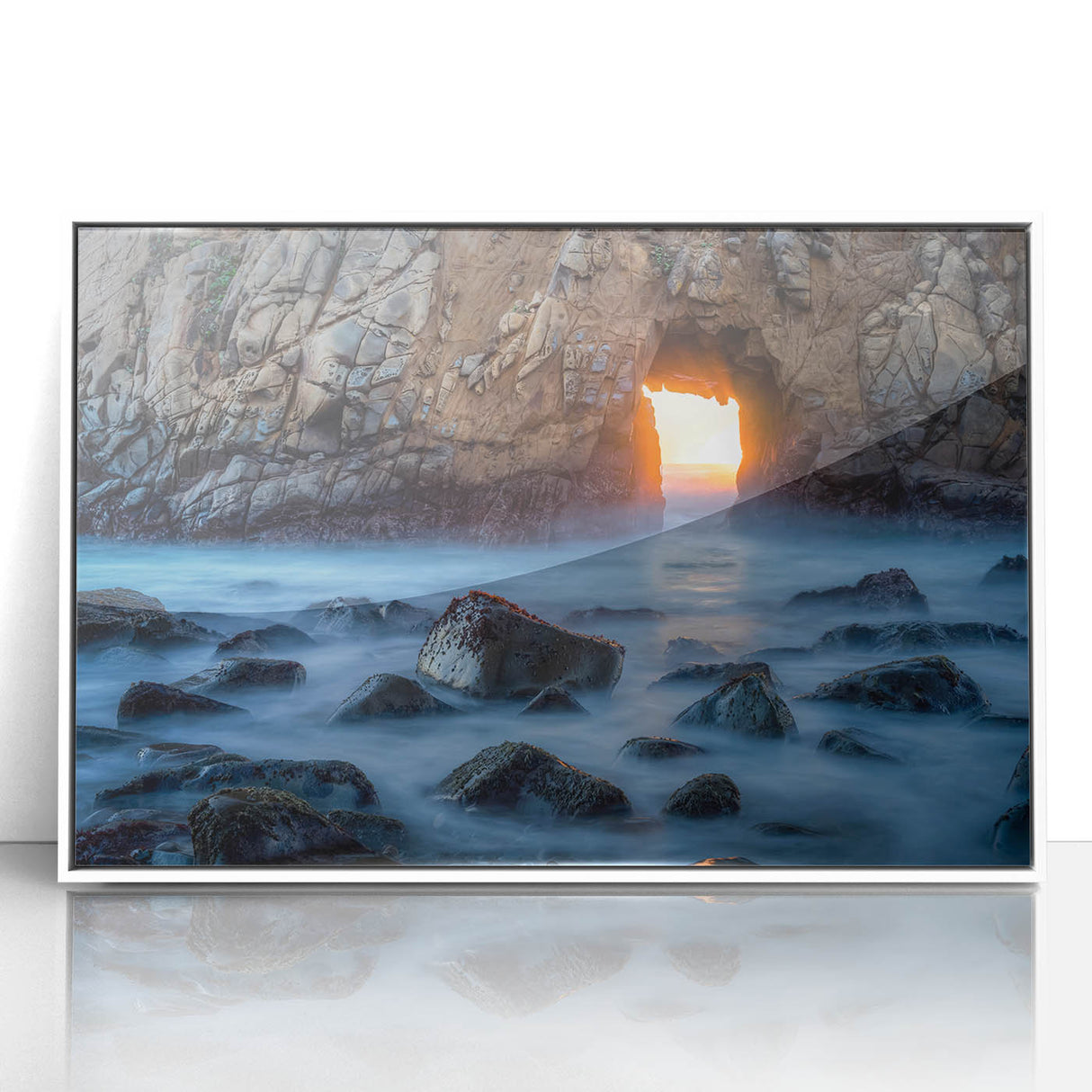 Acrylic print of the Big Sur coastline in muted earth tones, framed in white, suitable for modern art wall decor.