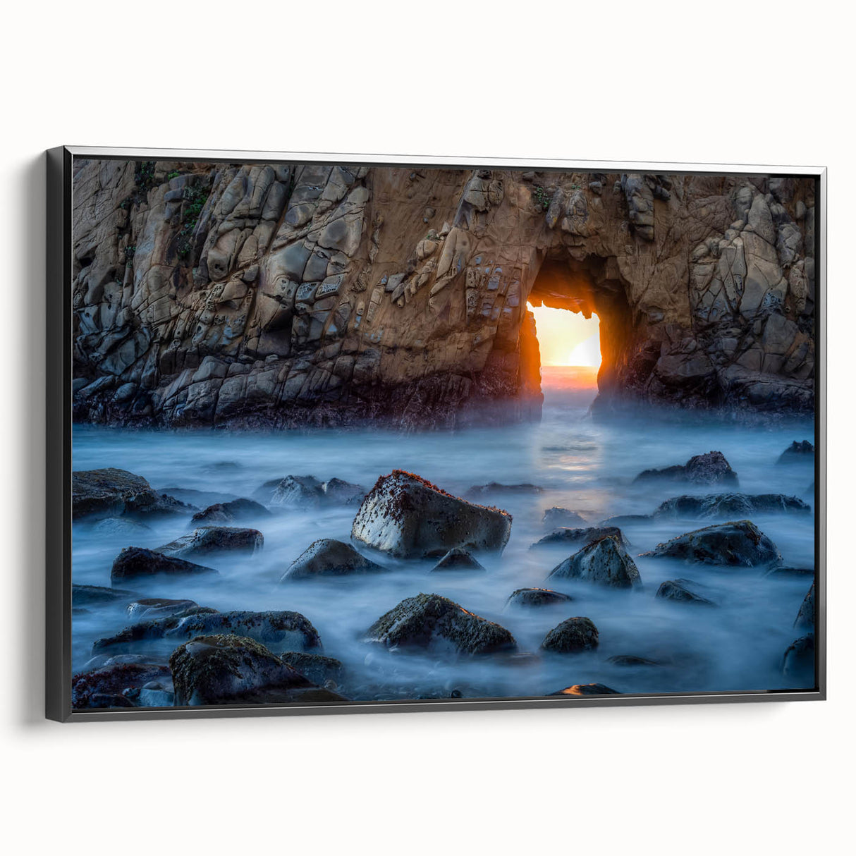 Black and white framed canvas of Big Sur landscape, ideal for bedroom wall art.