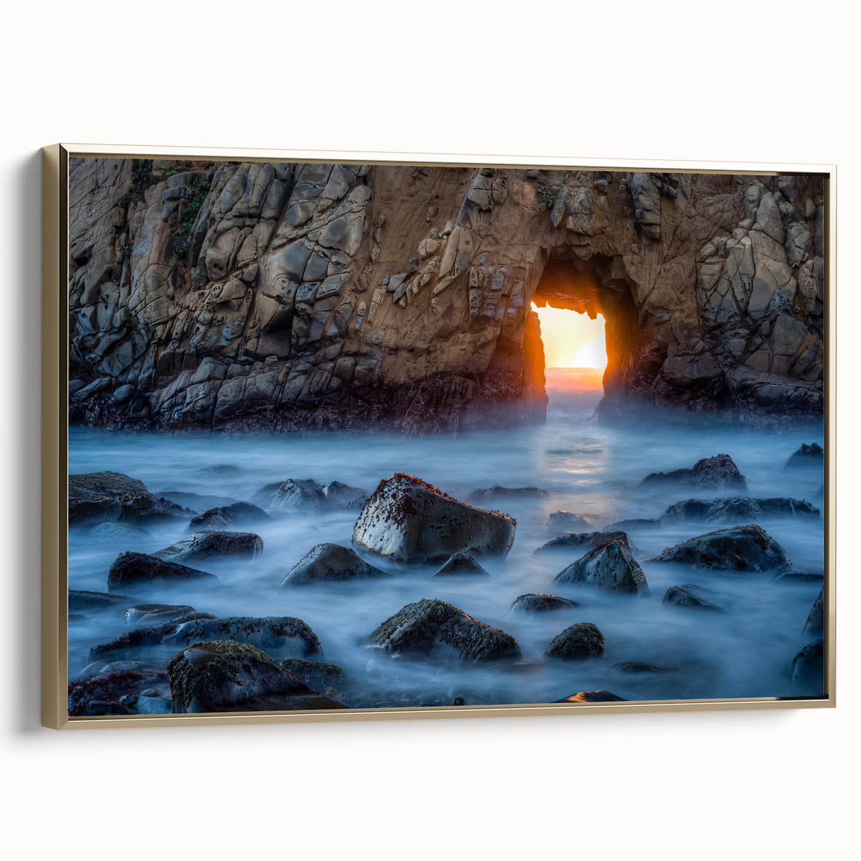 Framed canvas featuring a vintage-style landscape painting of Big Sur in muted earth tones, ideal for bedroom wall art.