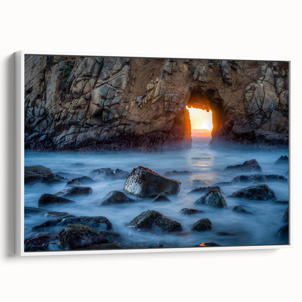 Vintage poster art of Big Sur, California on framed canvas, featuring vibrant colors and black accents.