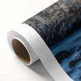 Art Deco style poster of California's Big Sur coastline in muted blue and green tones on rolled canvas.