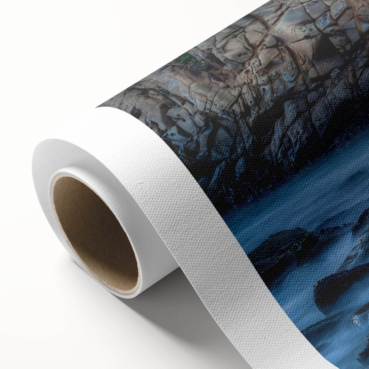 Art Deco style poster of California's Big Sur coastline in muted blue and green tones on rolled canvas.