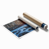 Rolled print of Big Sur coastline with muted blue and green tones, suitable for classy bathroom wall art.