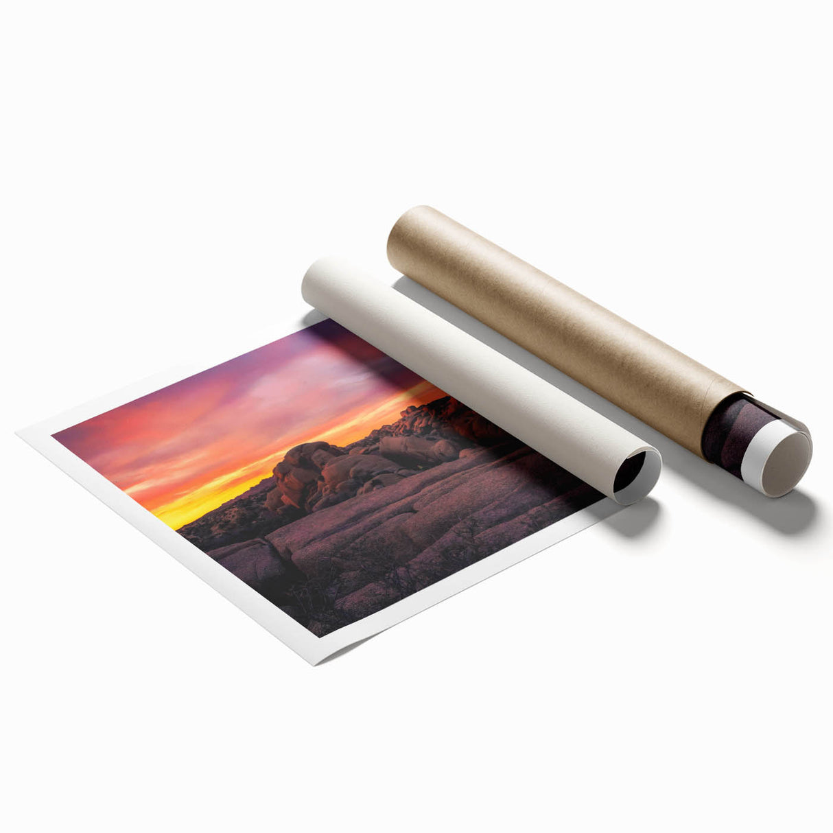 Extra large rolled print depicting Joshua trees in muted earth tones, ideal for classy bathroom wall art.
