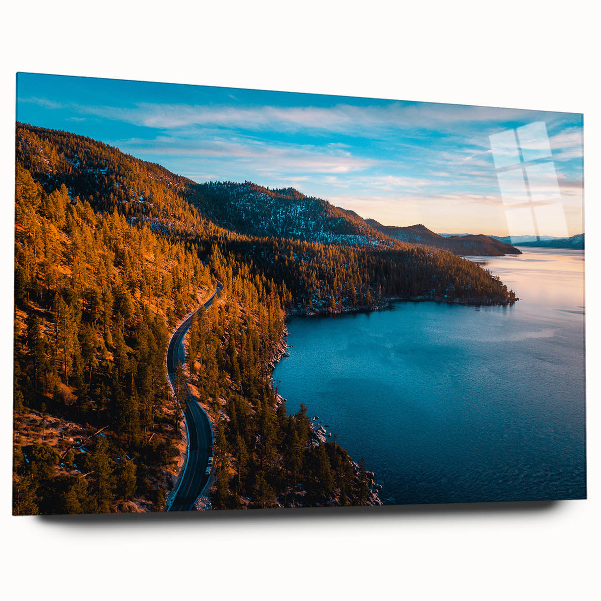 Acrylic print of Lake Tahoe with soft blue and green hues, ideal for bedroom or dining room decor.