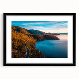Extra large framed wall art of abstract Lake Tahoe scenery in colorful, textured design, ideal for living room decor.