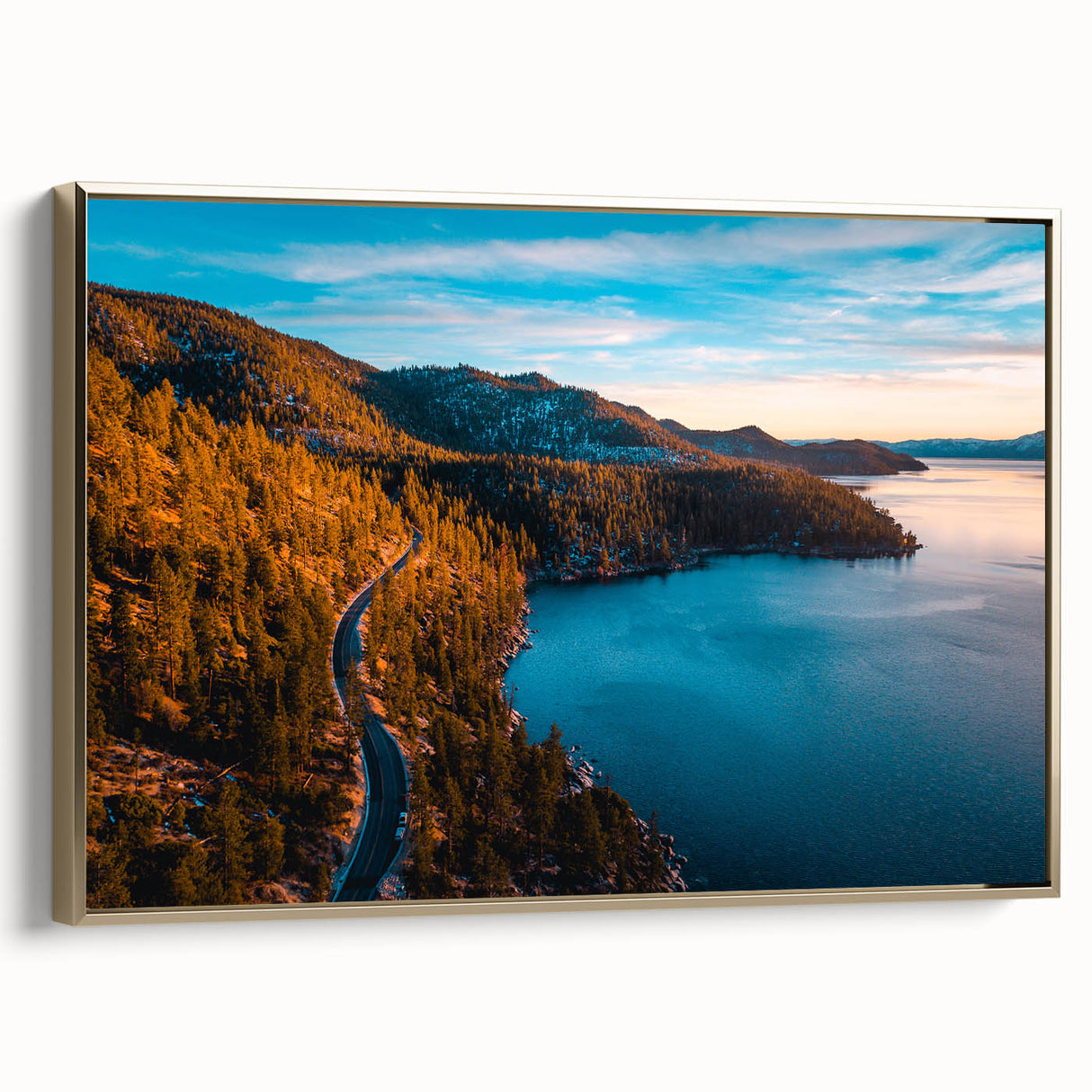 Framed canvas landscape painting of Lake Tahoe with serene blue and green tones, suitable as wall art for a bedroom.