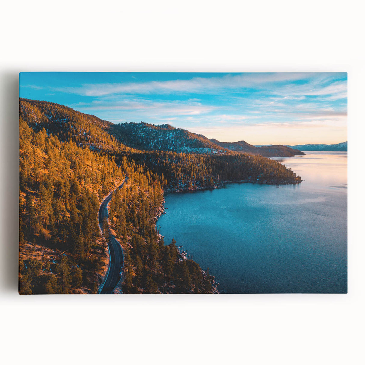 Black and white photograph of Lake Tahoe on stretched canvas, ideal for kitchen wall art.