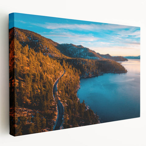 Large art depicting Lake Tahoe with vibrant blue and green hues on stretched canvas, suitable for kitchen wall art.