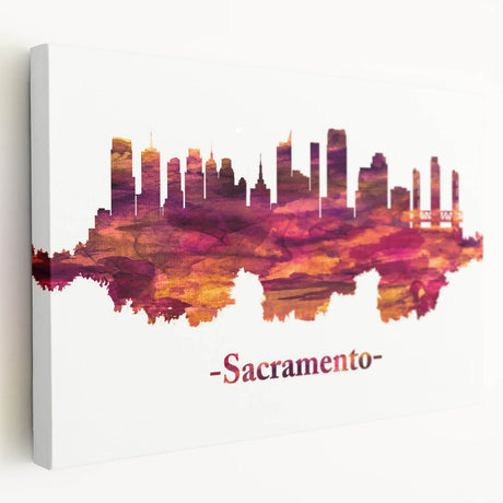Large stretched canvas featuring a detailed depiction of the Sacramento skyline in muted earth tones.