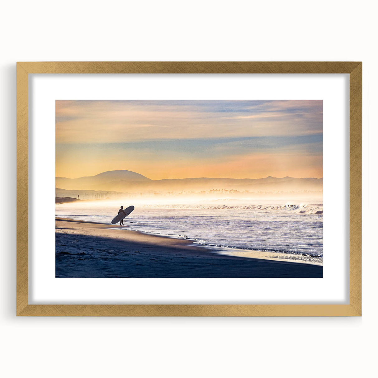 Extra large abstract art print of San Diego scenery in muted earth tones, framed in gold, ideal for living room decor.