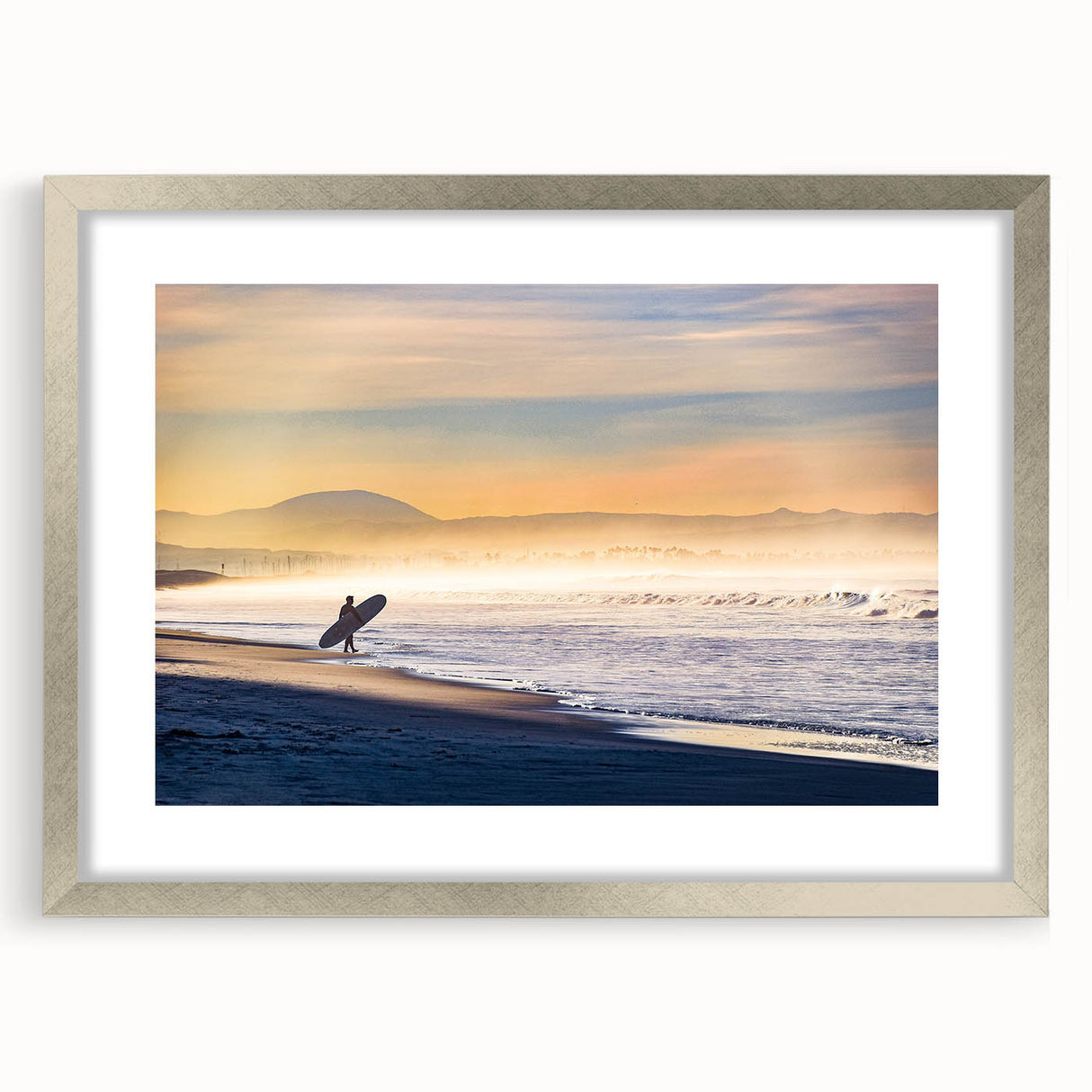 Abstract textured art print of San Diego skyline in muted blue and gray tones, framed in silver, ideal for bedroom decor.