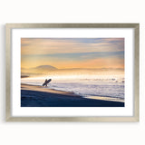 Abstract textured art print of San Diego skyline in muted blue and gray tones, framed in silver, ideal for bedroom decor.