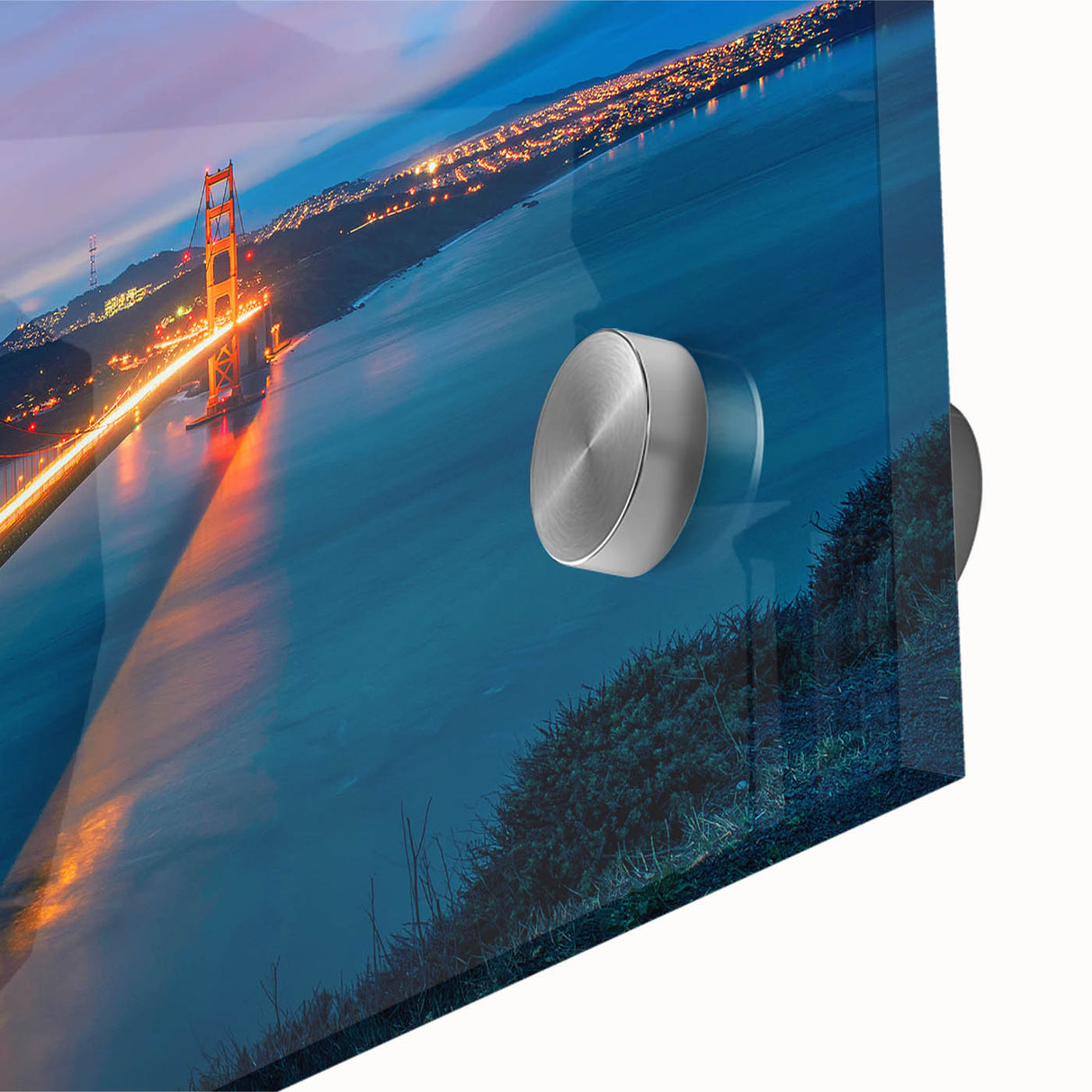 Large abstract depiction of San Francisco in acrylic glass, featuring vibrant colors, ideal for dining room art.