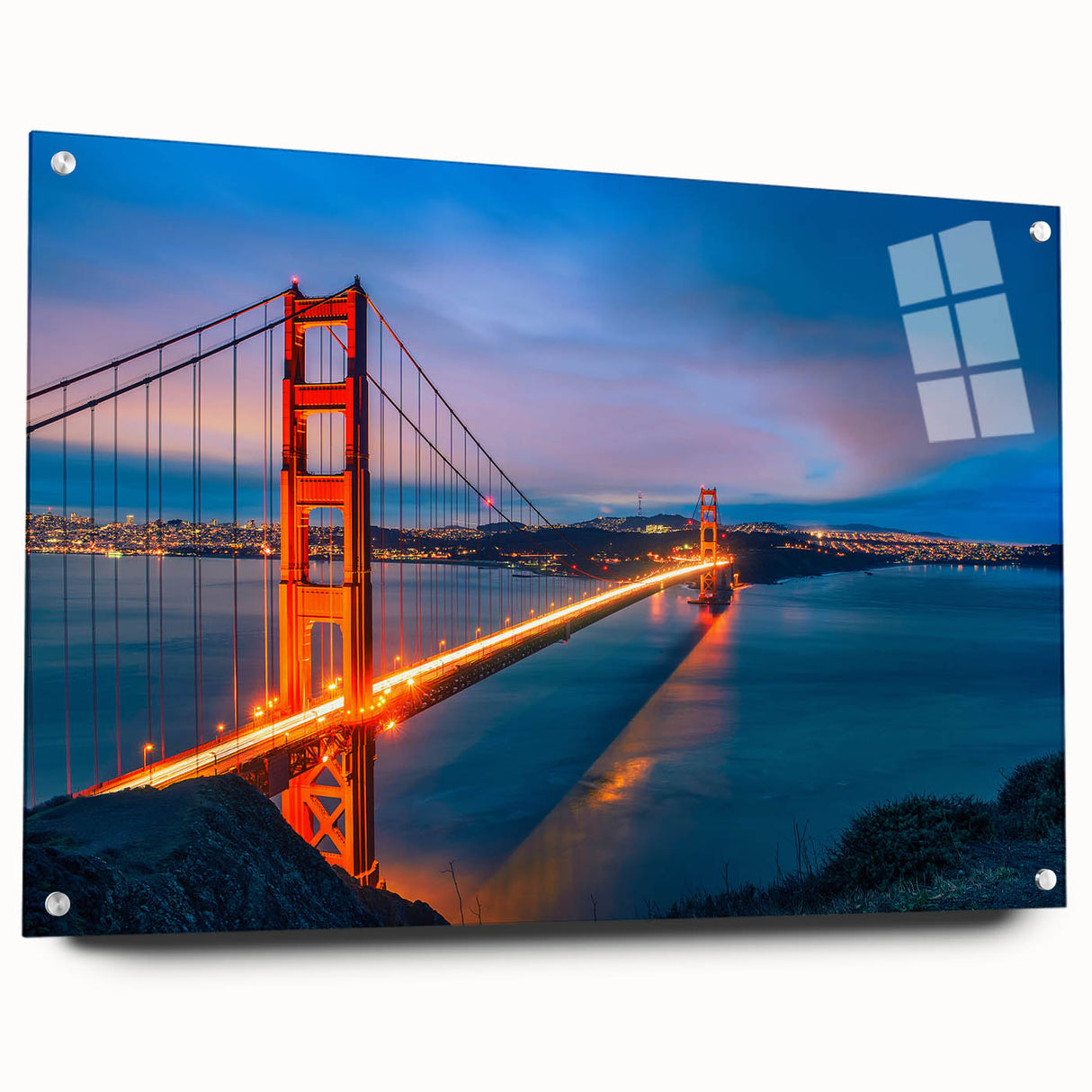 Acrylic print of the San Francisco skyline in muted gray and blue tones, suitable for dining room decor.