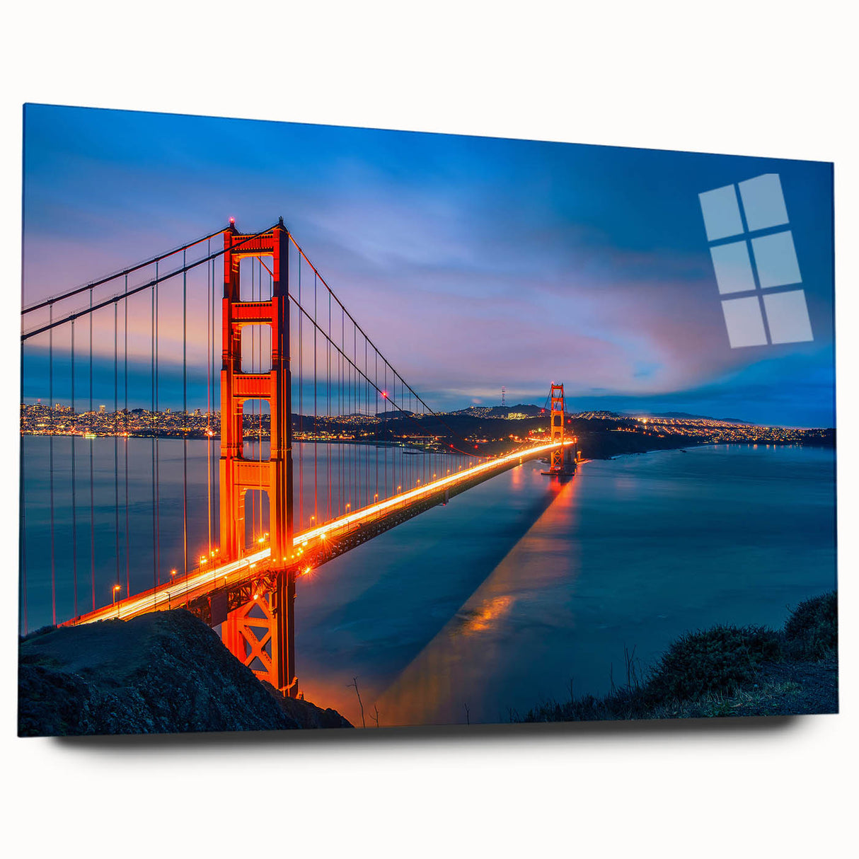 Large abstract depiction of San Francisco skyline in muted blue tones on acrylic glass, ideal for bedroom or dining room art.