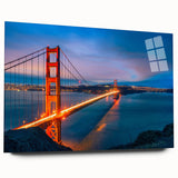 Large abstract depiction of San Francisco skyline in muted blue tones on acrylic glass, ideal for bedroom or dining room art.