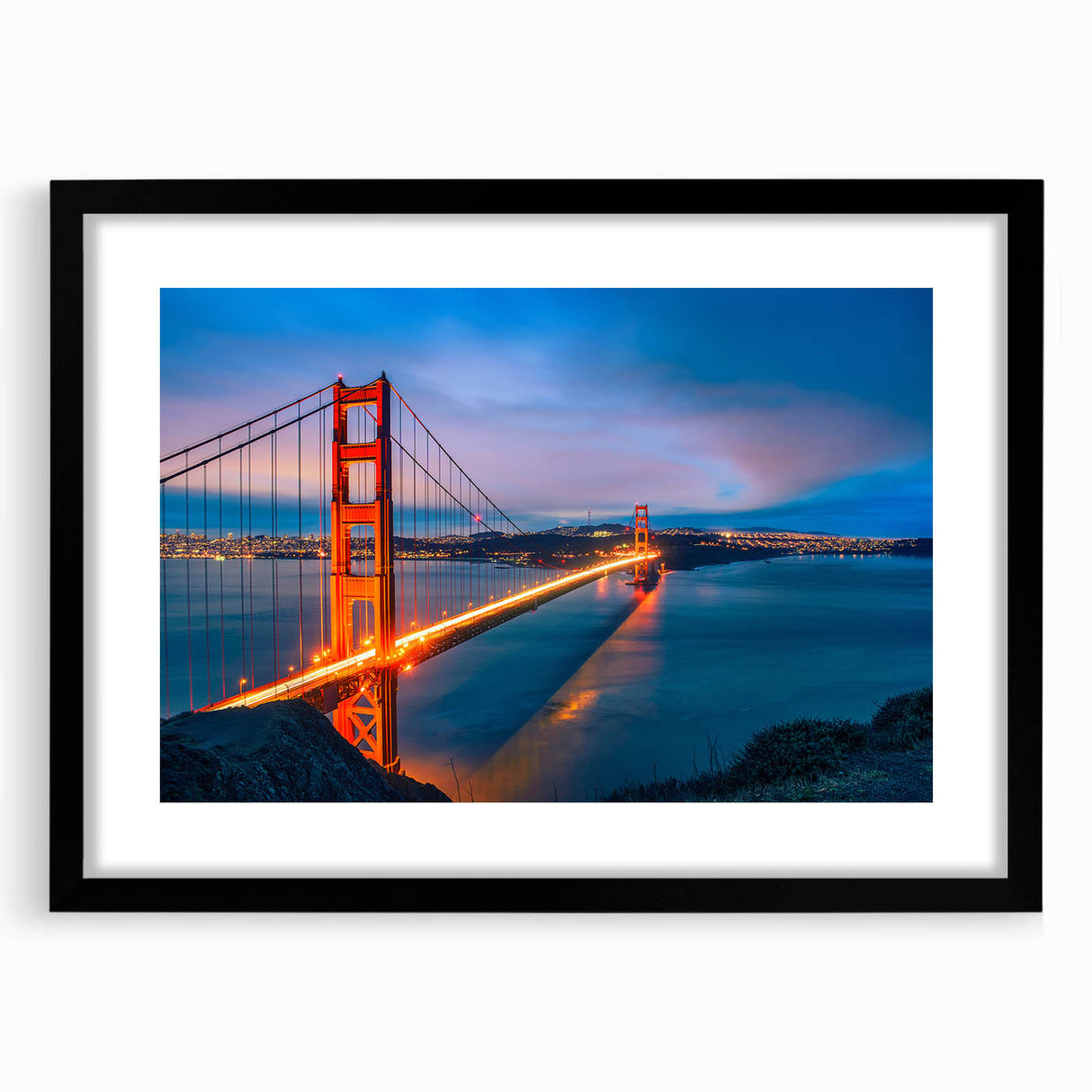 Colorful abstract art print of San Francisco skyline in vibrant hues on a large framed canvas, ideal for living room decor.
