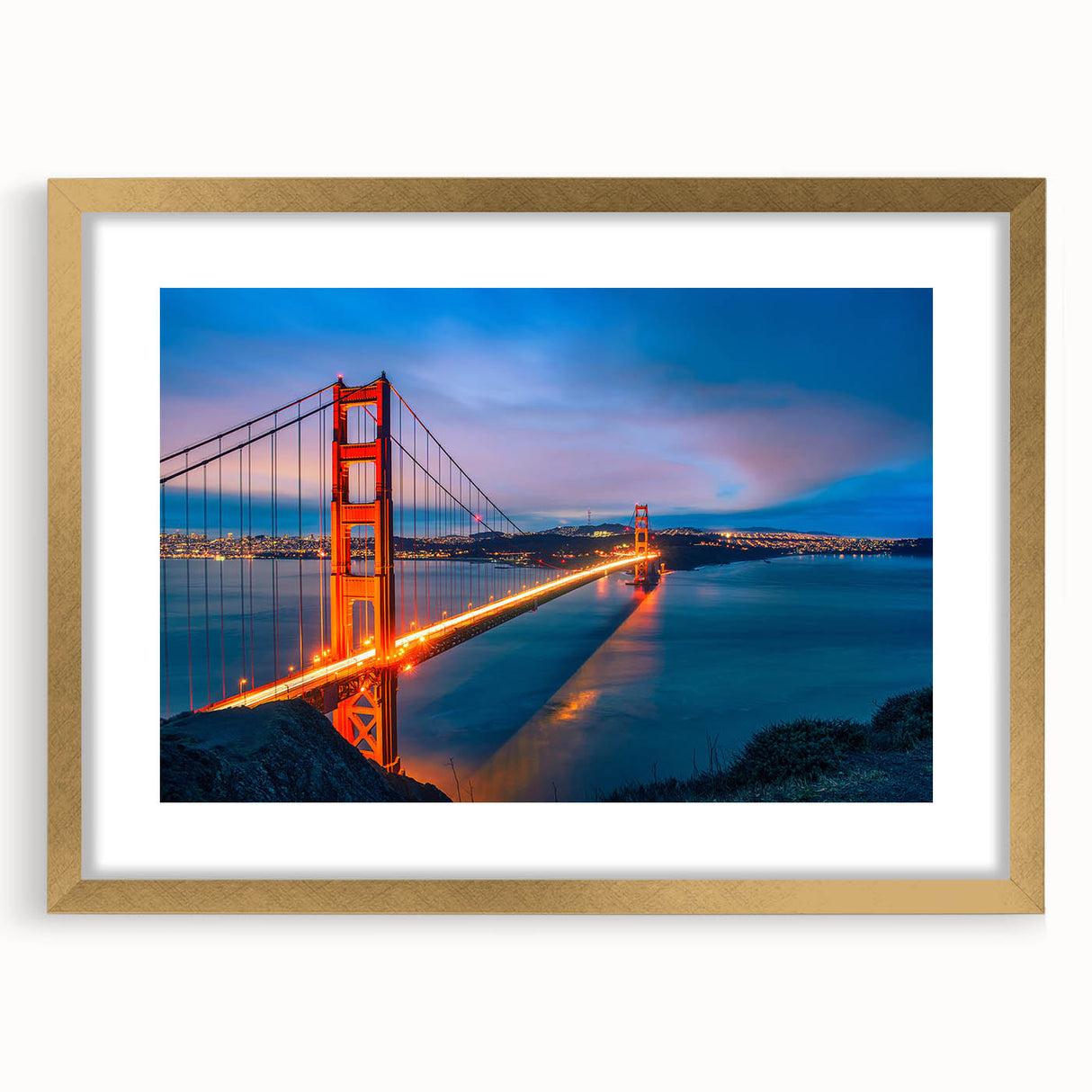 Extra large abstract art print of San Francisco skyline in muted earth tones, framed in gold, ideal for living room decor.