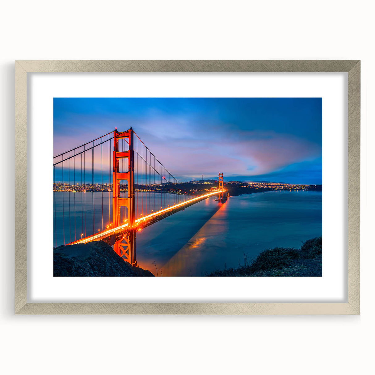 Textured art print of San Francisco's skyline in muted gray tones, framed with a silver mat, suitable for bedroom decor.
