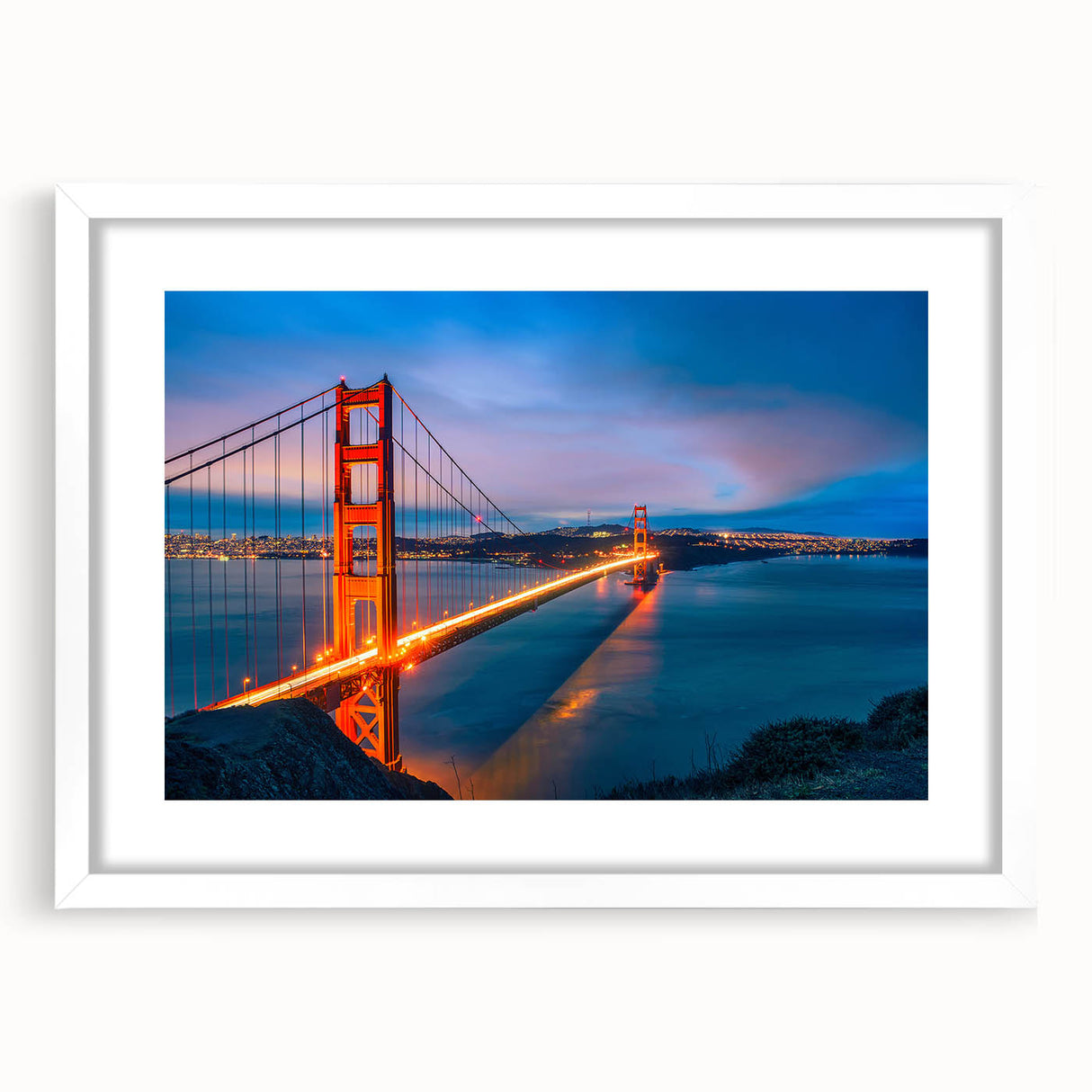Abstract art print of San Francisco skyline in muted blue and gray tones on a framed white mat, ideal for dining room decor.