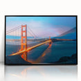 Large abstract wall art depicting San Francisco skyline in muted blue and gray tones, framed in black acrylic.