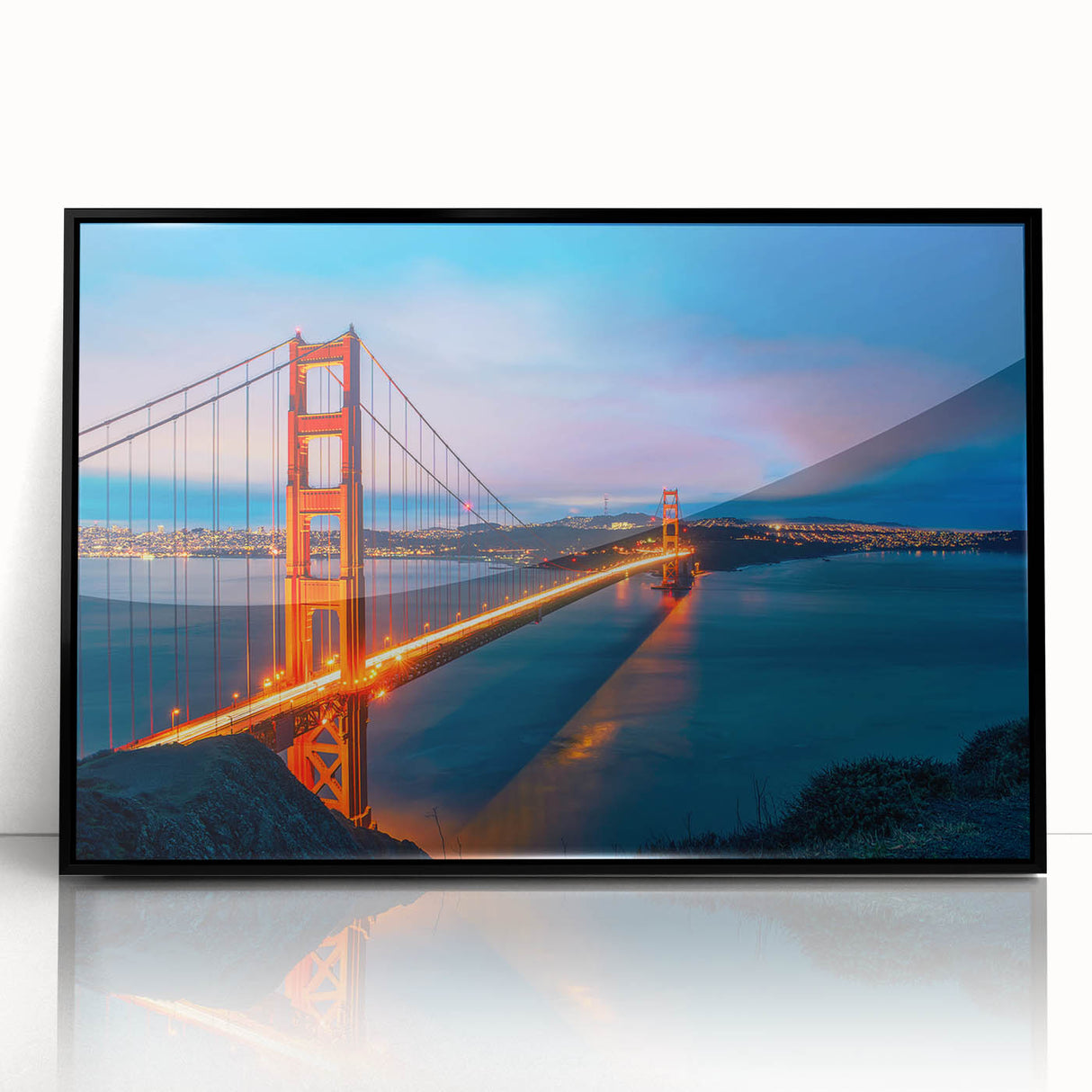 Large abstract wall art depicting San Francisco skyline in muted blue and gray tones, framed in black acrylic.