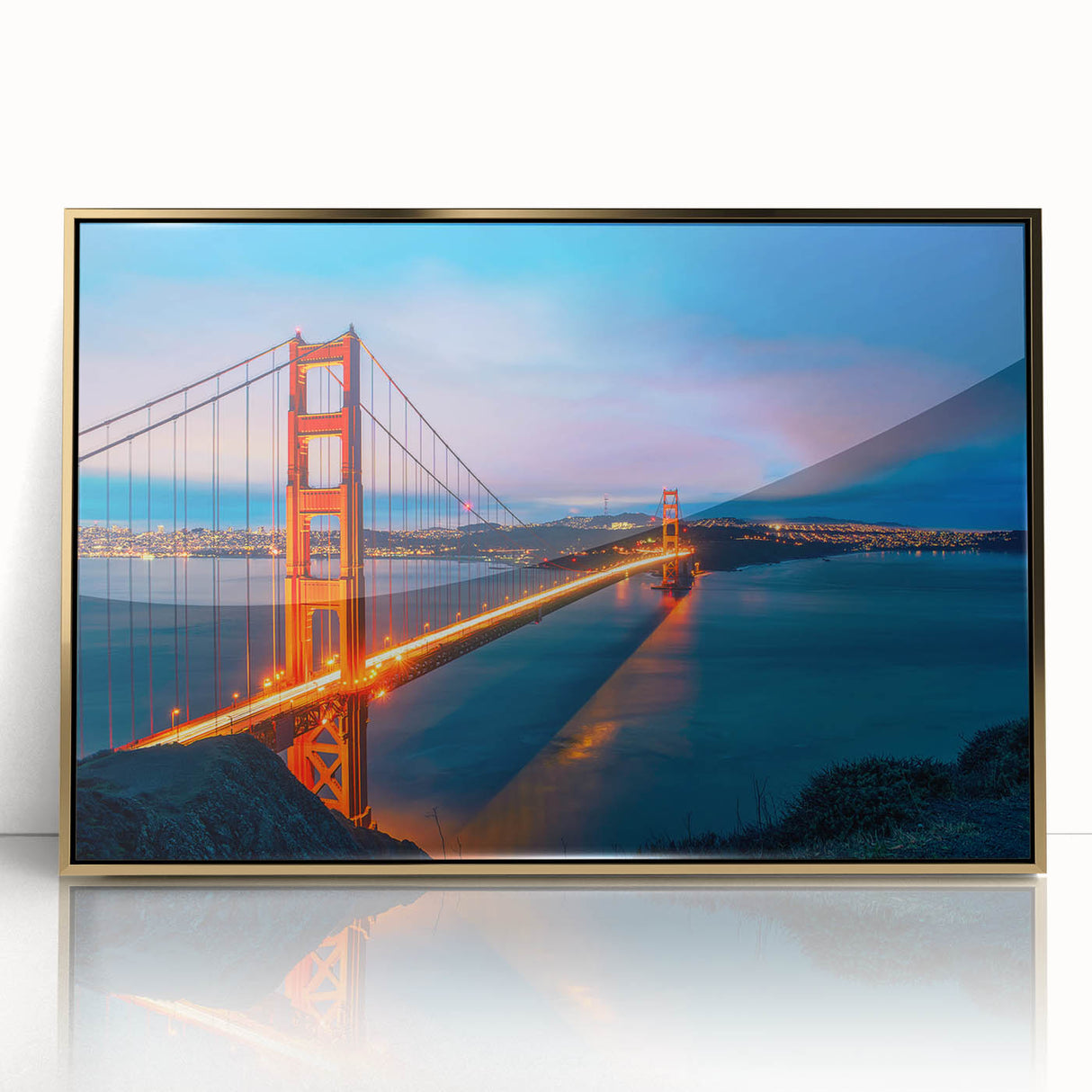 Large art print of San Francisco skyline in muted gold and blue tones on framed acrylic, ideal for modern art wall decor.
