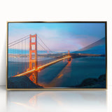 Large art print of San Francisco skyline in muted gold and blue tones on framed acrylic, ideal for modern art wall decor.
