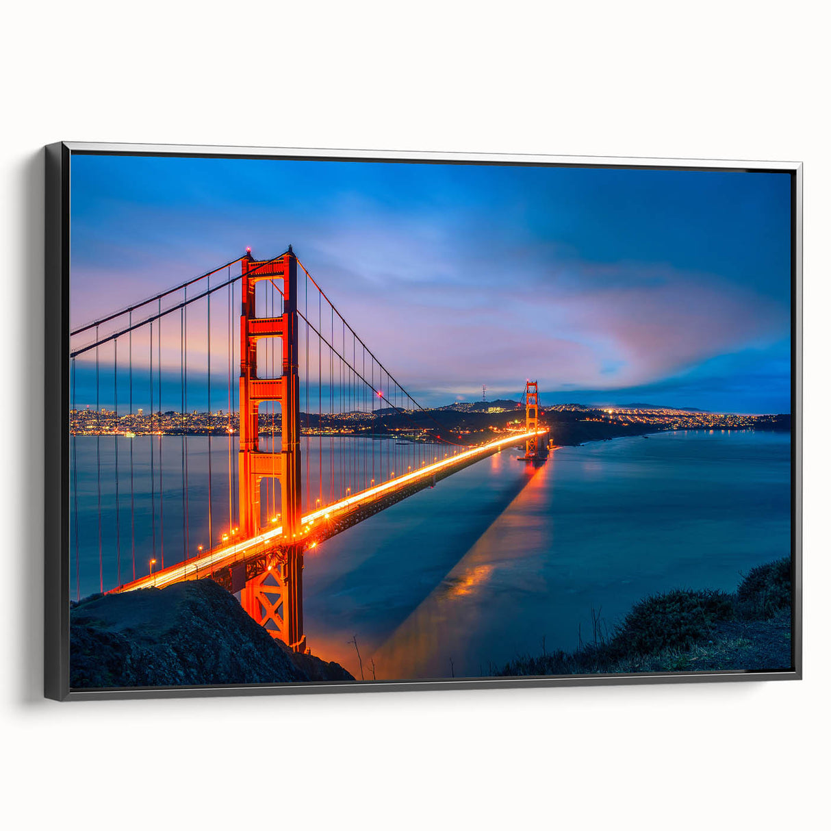 Black and white framed canvas featuring the San Francisco skyline, ideal for bedroom wall art.