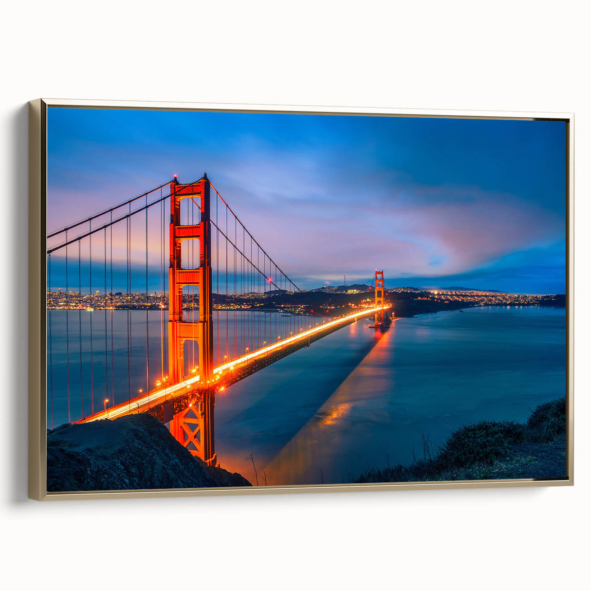 Framed canvas featuring a vintage-style landscape painting of the San Francisco skyline in black and gold tones.