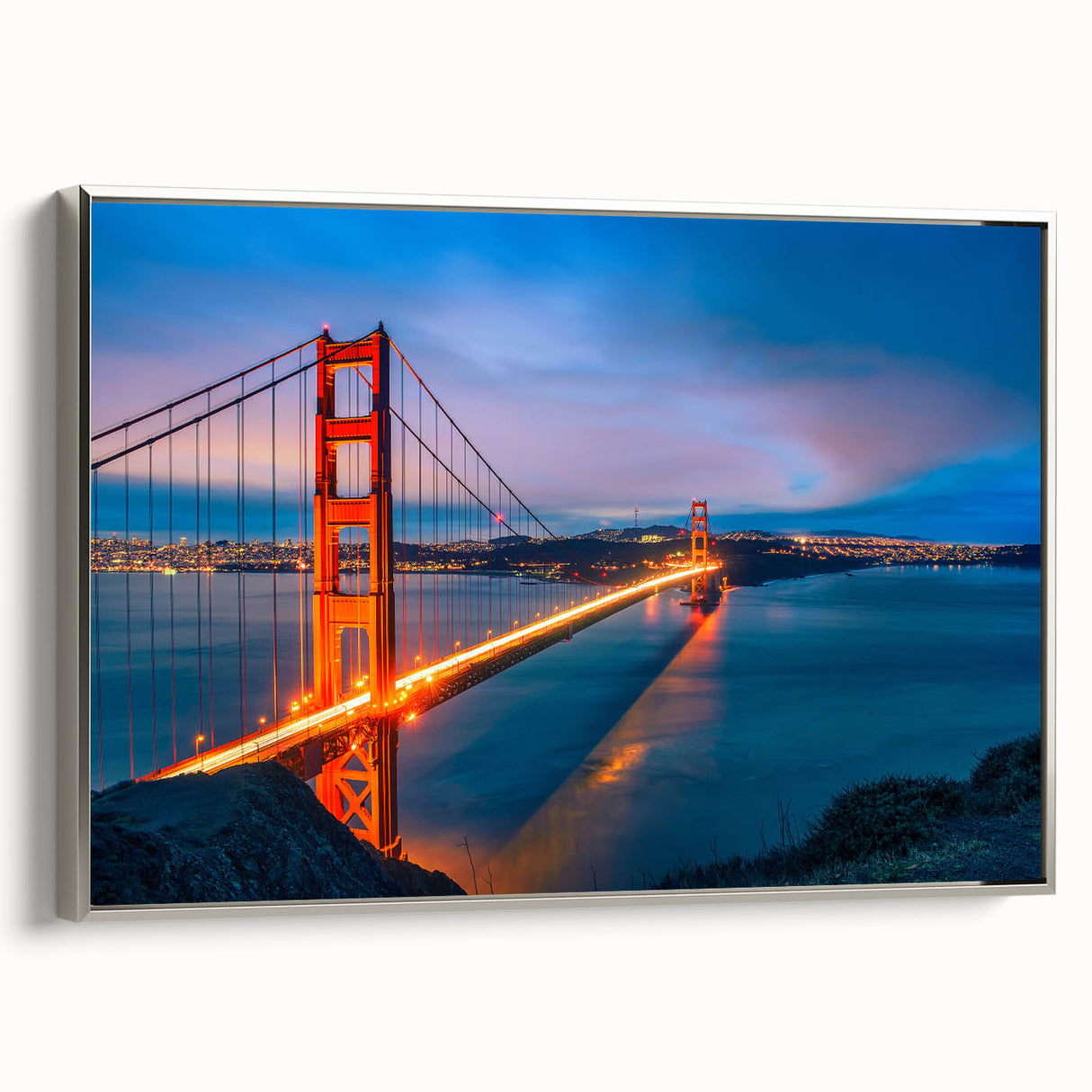 Framed canvas of a vintage San Francisco landscape in colorful and black tones, ideal for office decor.