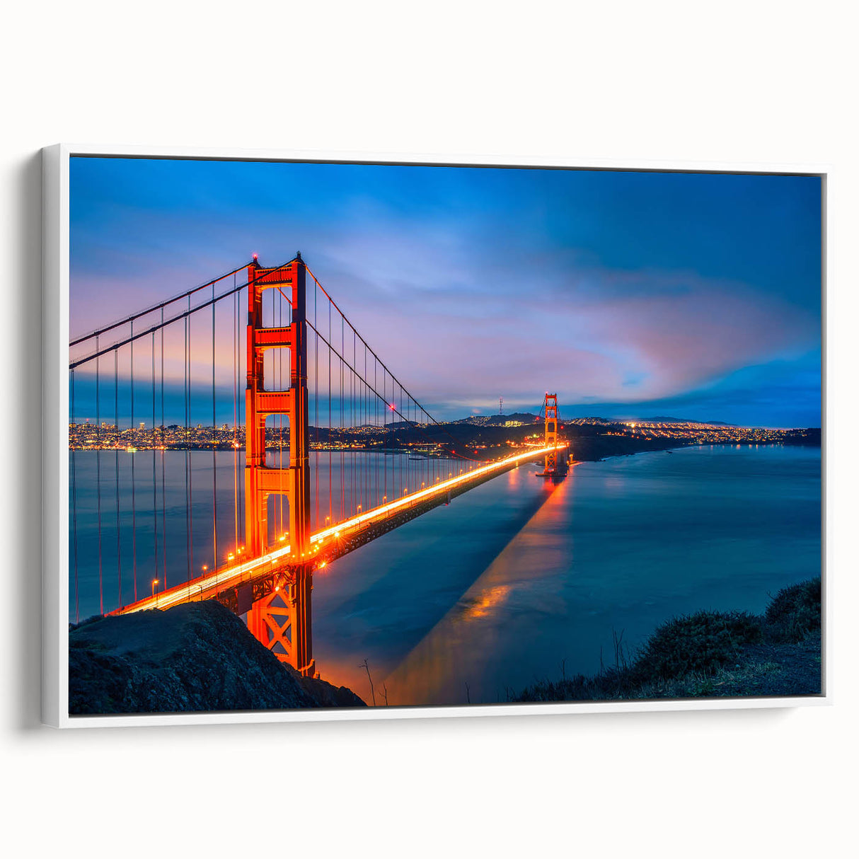 Vintage poster art of San Francisco skyline in colorful hues on extra large framed canvas, ideal for living room.