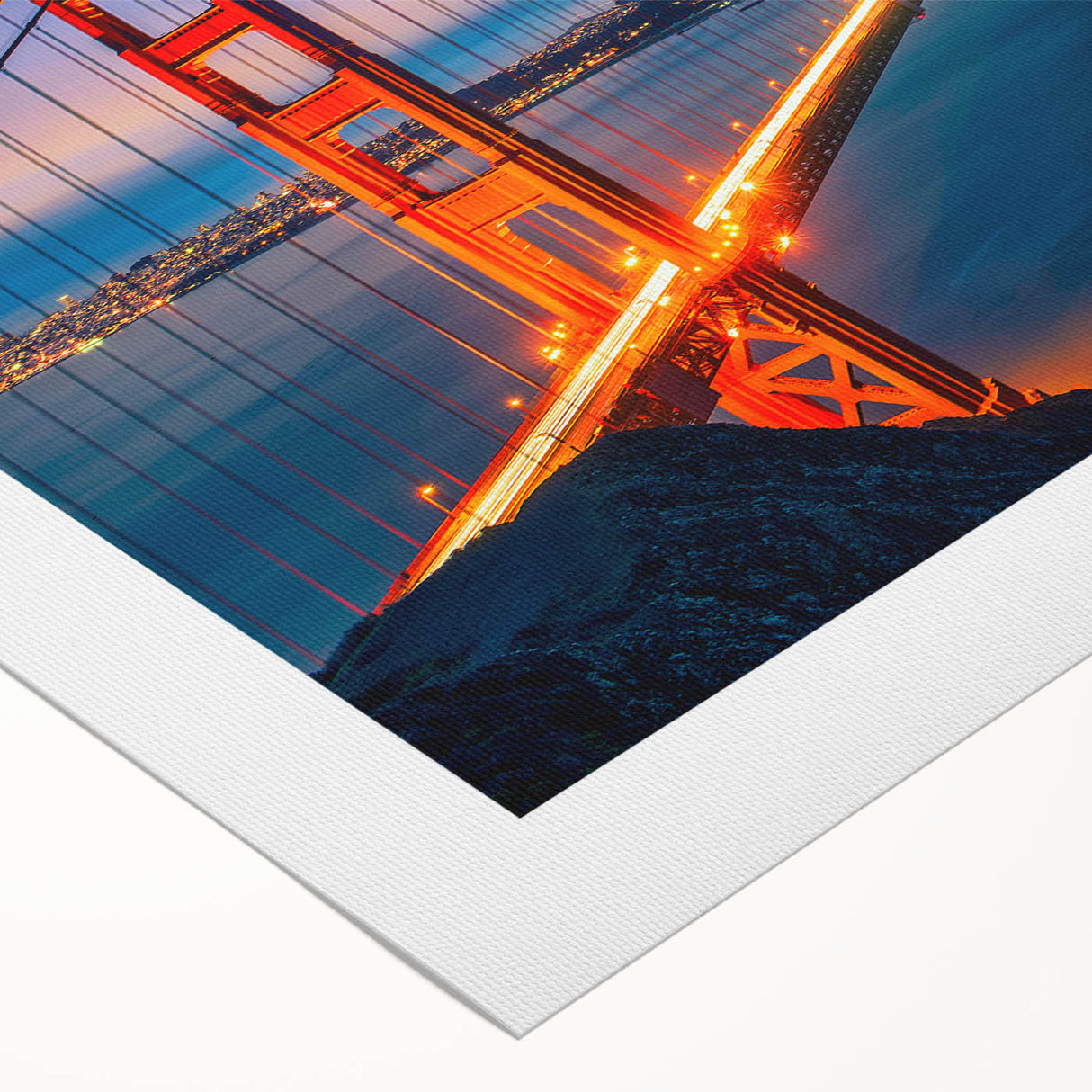 Art deco poster of San Francisco skyline in muted gold and navy tones on rolled canvas, suitable for dining room wall art.