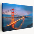 Large stretched canvas depicting the San Francisco skyline in muted blue and gray tones, ideal for kitchen wall art.