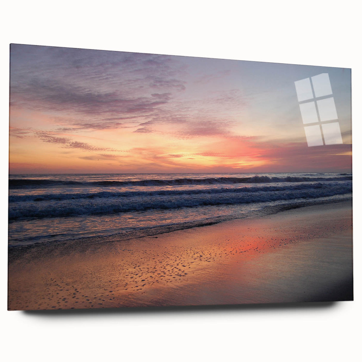 Large abstract depiction of Santa Barbara coastline in muted blue and green hues on acrylic glass.