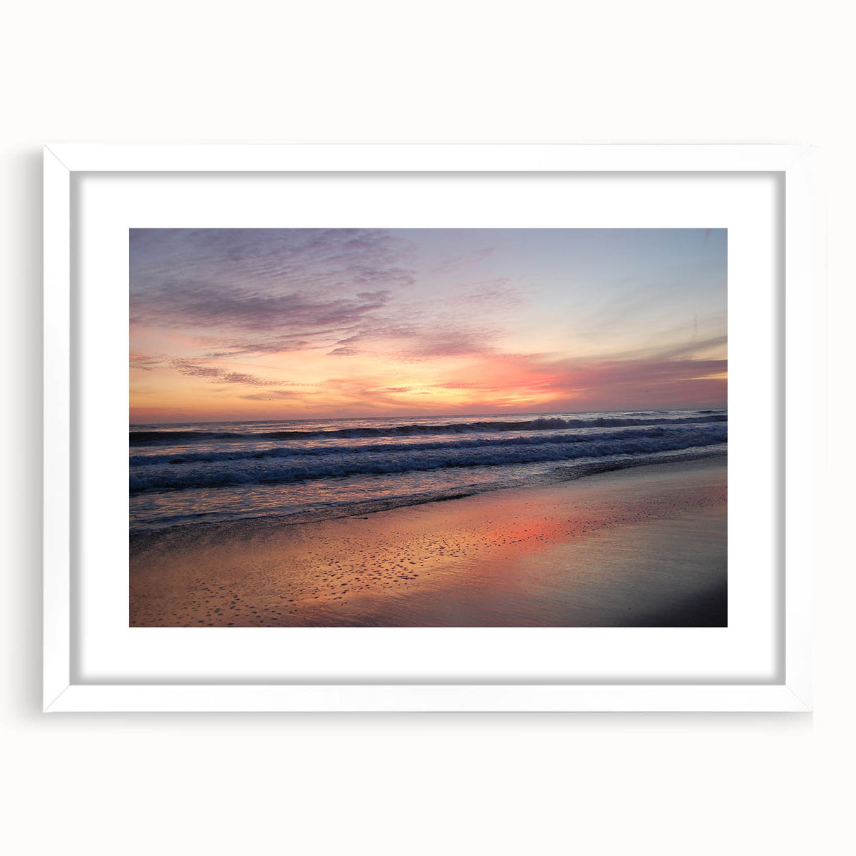 Abstract art print of Santa Barbara scenery in muted blue and green tones on a white framed mat, ideal for dining room decor.