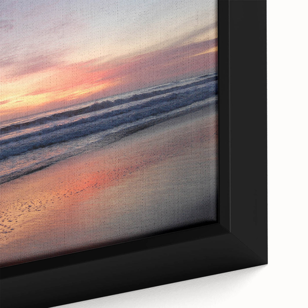 Close-up of a textured black wall art depicting Santa Barbara scenery in vibrant colors on a framed canvas.