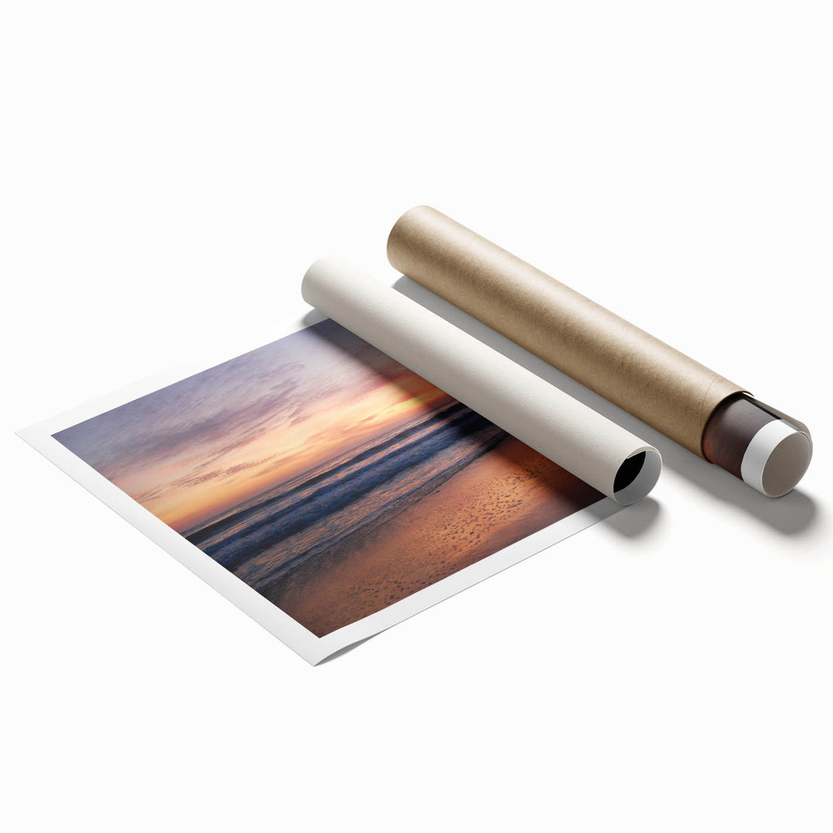 Rolled print of Santa Barbara scenery with vibrant floral elements in soft pastel shades.
