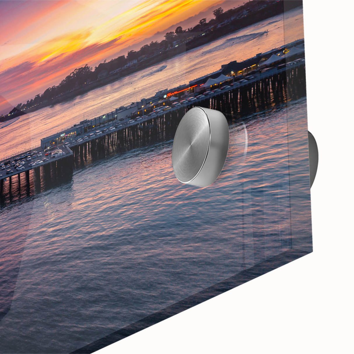 Large abstract wall art of Santa Cruz in mid-century modernist style, depicted in vibrant colors on acrylic glass.