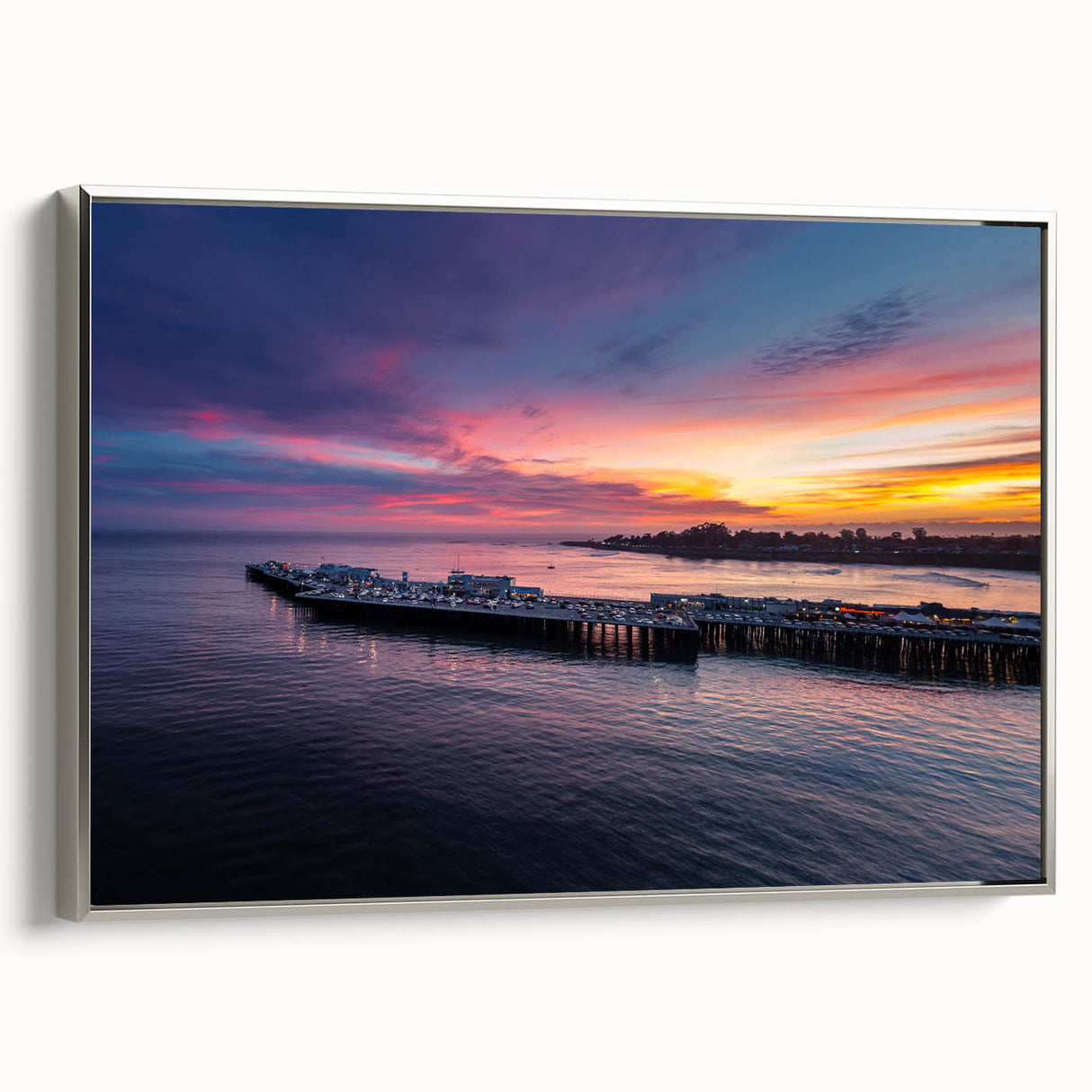 Framed canvas landscape art painting of Santa Cruz with a vintage poster style in colorful hues, ideal for living room decor.