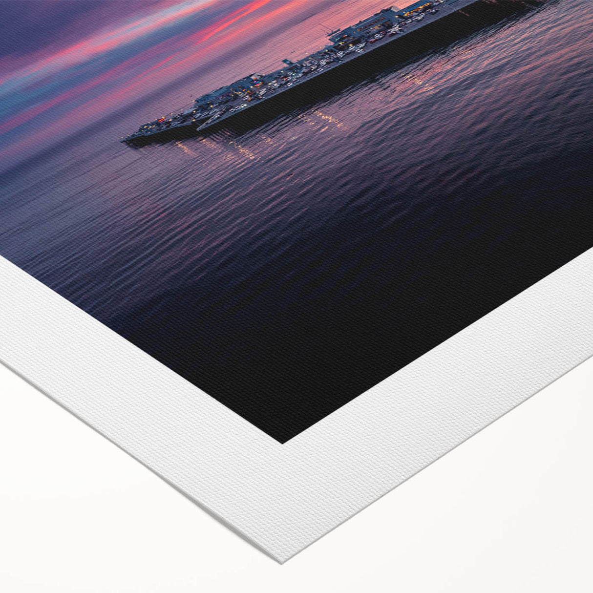 Art deco poster of Santa Cruz with muted blue and peach tones on rolled canvas, suitable for dining room wall art.